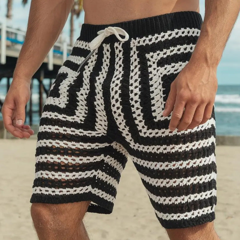 Men's Summer Fashion Hollow Breathable Black and White Knitted Shorts ASW2224D5P