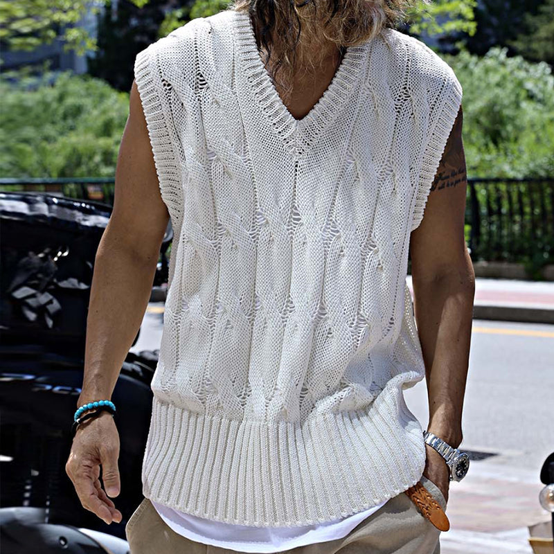 Men's Retro Casual Solid Color Knitted Crew Neck Tank Top ASW2265D3TO