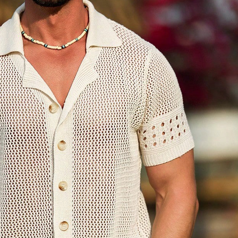 Men's Vacation Textured Lapel Short Sleeve Knit Shirt ASW2300D1X