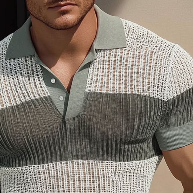 Men's Summer Business Colorblock Knitted Mesh Polo Neck T-Shirt ASW2332D8U