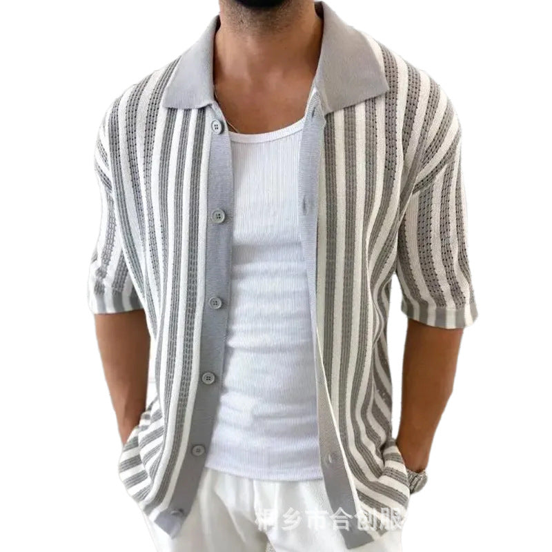Men's Summer Casual Striped Knitted Short Sleeve Shirt ASW2334D8X