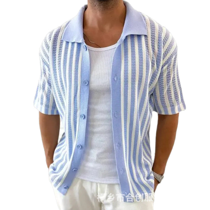 Men's Summer Casual Striped Knitted Short Sleeve Shirt ASW2334D8X