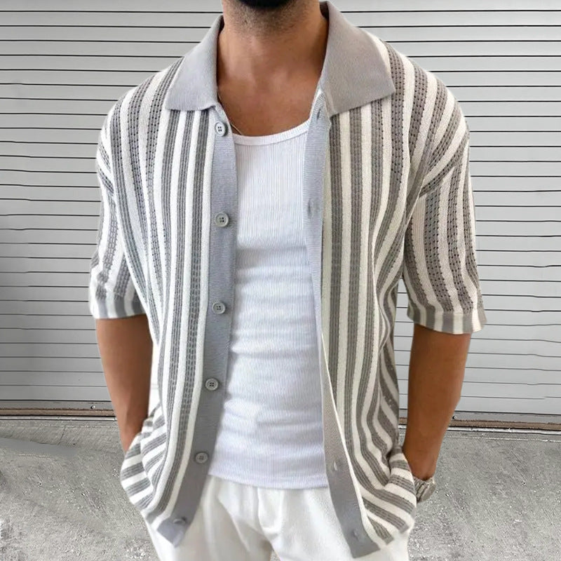 Men's Summer Casual Striped Knitted Short Sleeve Shirt ASW2334D8X