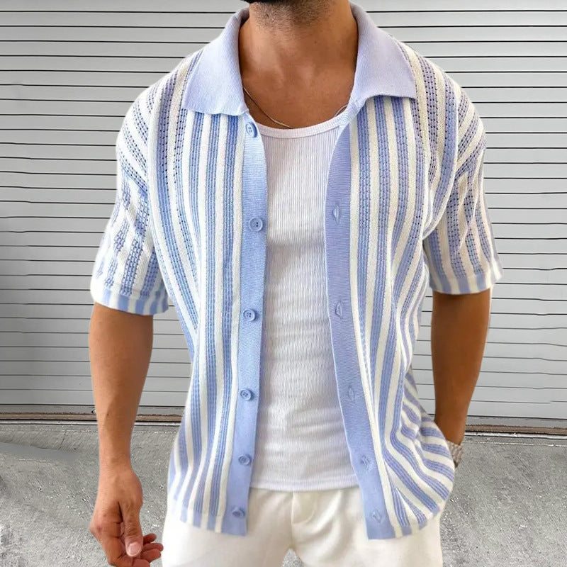 Men's Summer Casual Striped Knitted Short Sleeve Shirt ASW2334D8X
