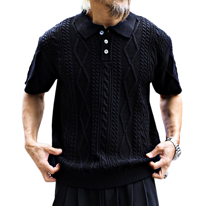 Herren Retro Casual Solid Color Gestricktes Kurzarm-Poloshirt ASW2239D5TO