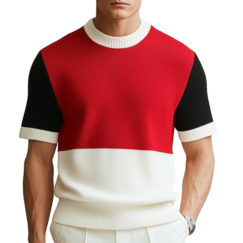 Men's Summer Contrast Color Thin Knitted Breathable Short-Sleeved T-Shirt ASW2562D0P