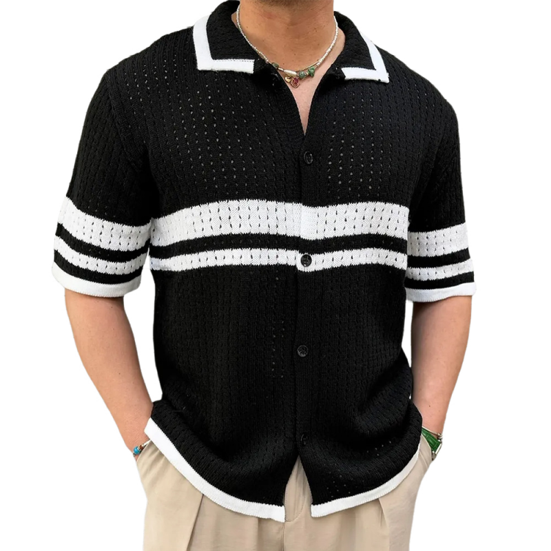 Men's Casual Color Block Striped Lapel Single Breasted Slim Fit Knitted Short Sleeve Shirt ASW2758D3M
