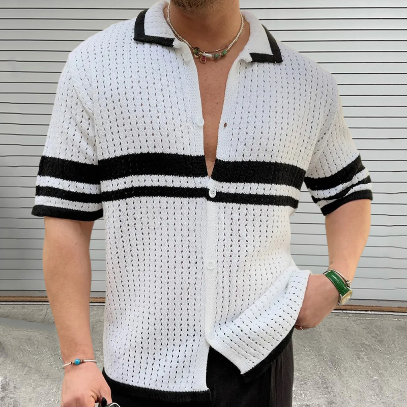 Men's Casual Color Block Striped Lapel Single Breasted Slim Fit Knitted Short Sleeve Shirt ASW2758D3M