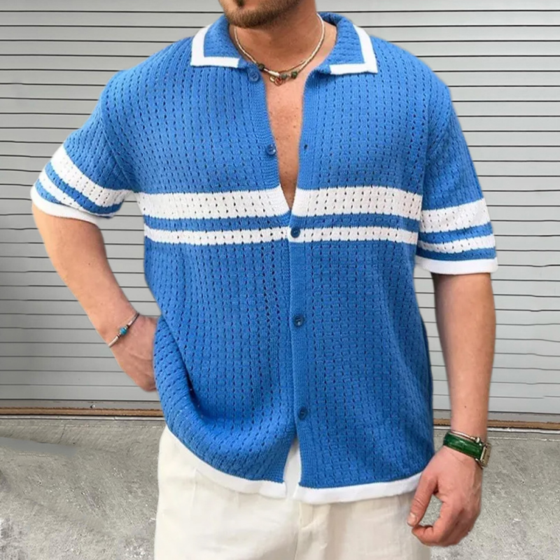 Men's Casual Color Block Striped Lapel Single Breasted Slim Fit Knitted Short Sleeve Shirt ASW2758D3M
