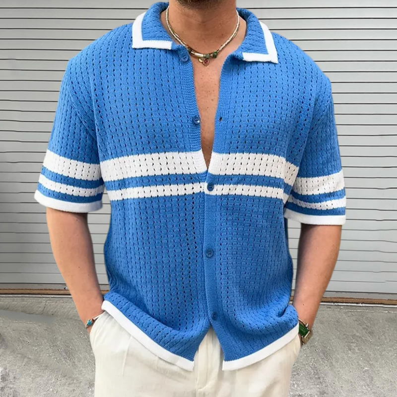 Men's Casual Color Block Striped Lapel Single Breasted Slim Fit Knitted Short Sleeve Shirt ASW2758D3M