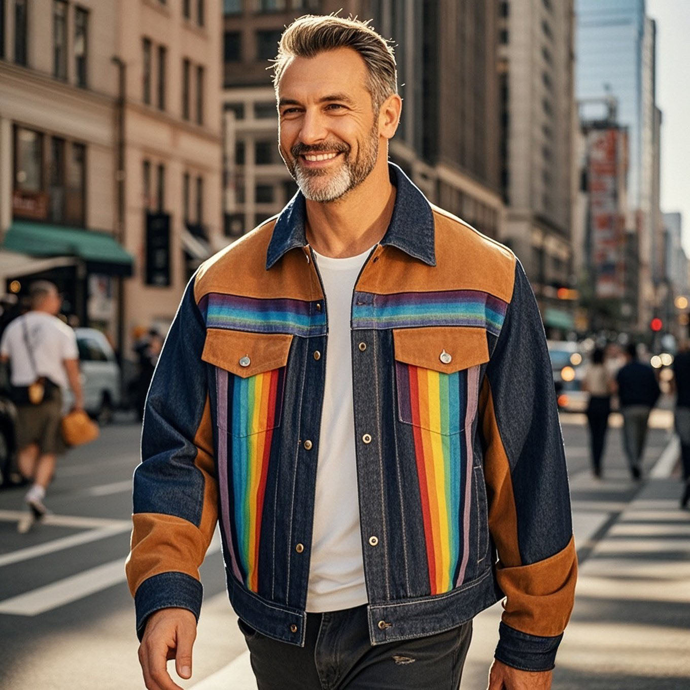 Veste en jean décontractée à manches longues pour homme, couleur arc-en-ciel rayée, à la mode