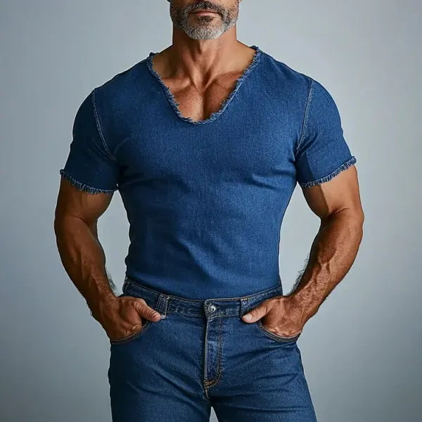 Men's Retro Denim V-Neck V-Neck T-Shirt With Frayed Edges