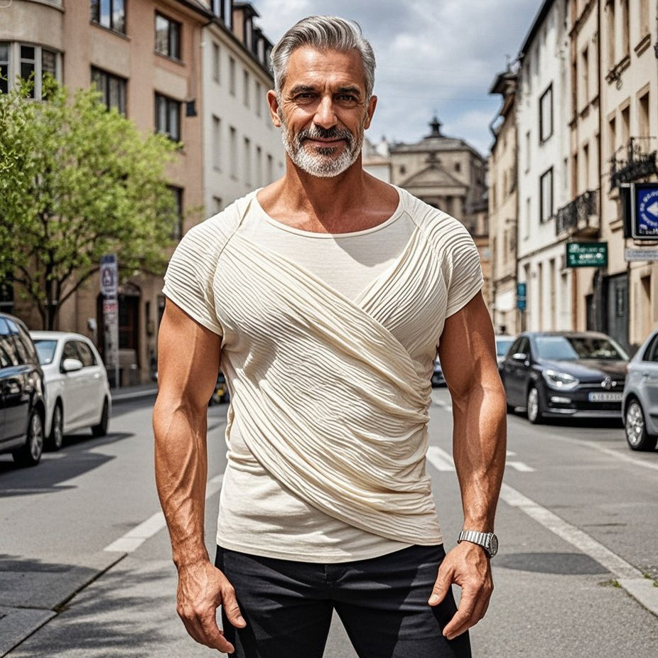 Men's fashionable casual beige pleated short-sleeved T-shirt