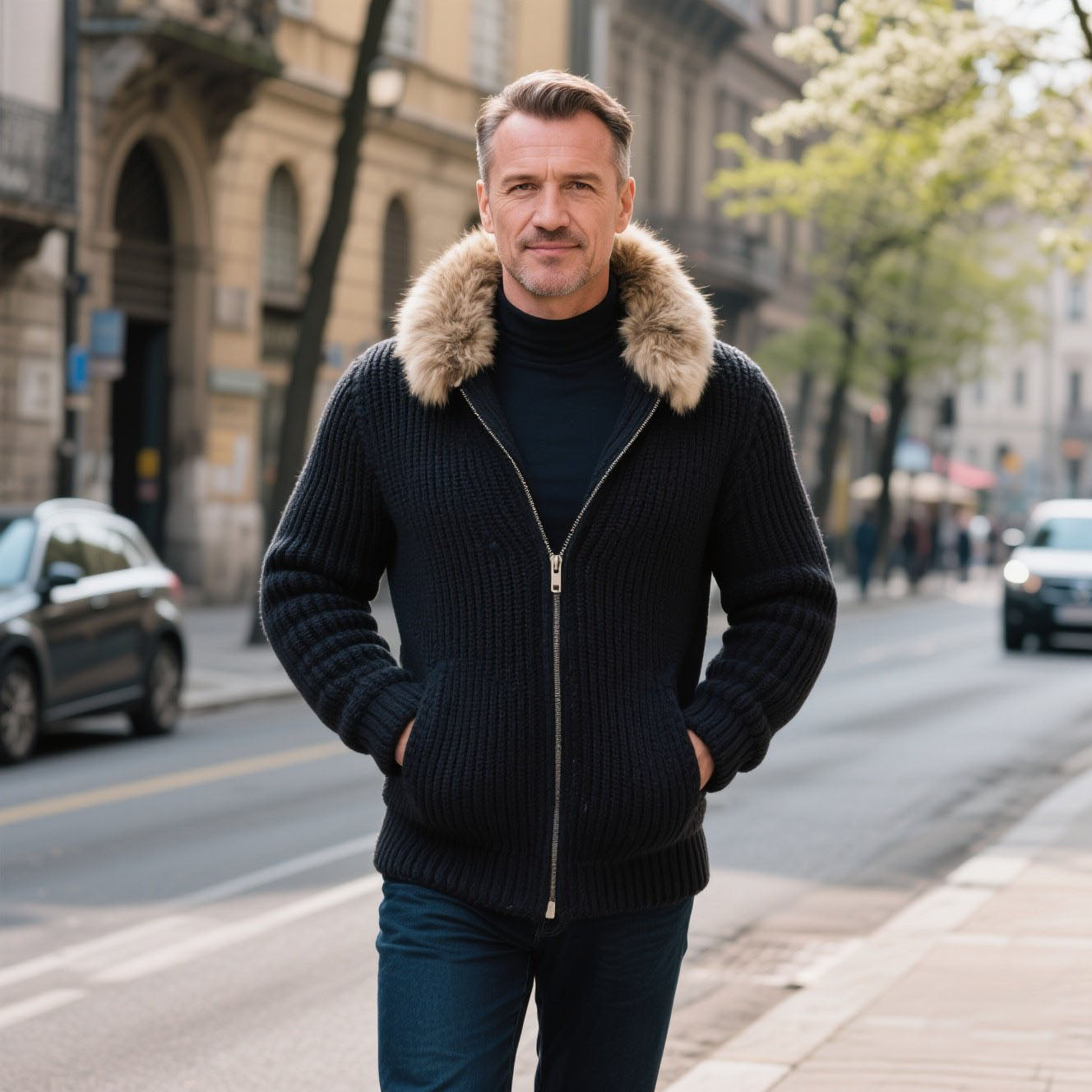 Cardigan en laine noir décontracté à col zippé pour homme