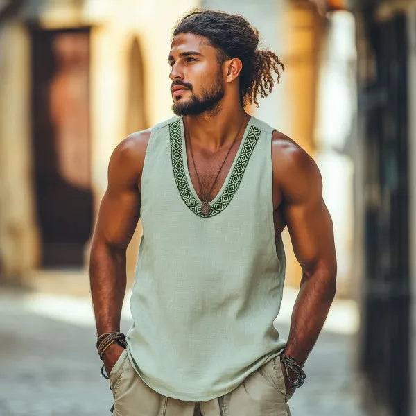 Men's Retro Casual Embroidered Linen Vest