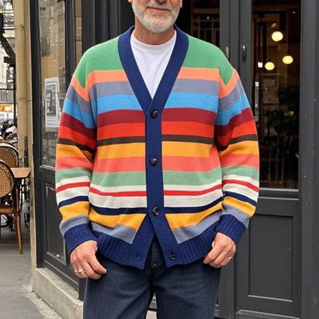 Cardigan à rayures arc-en-ciel décontracté et tendance pour homme