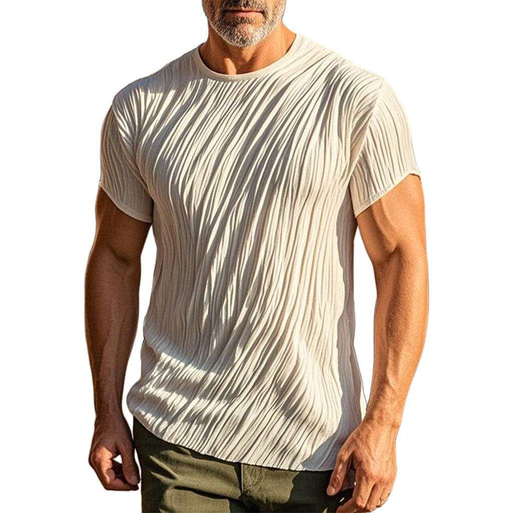Men's fashionable casual beige pleated short-sleeved T-shirt