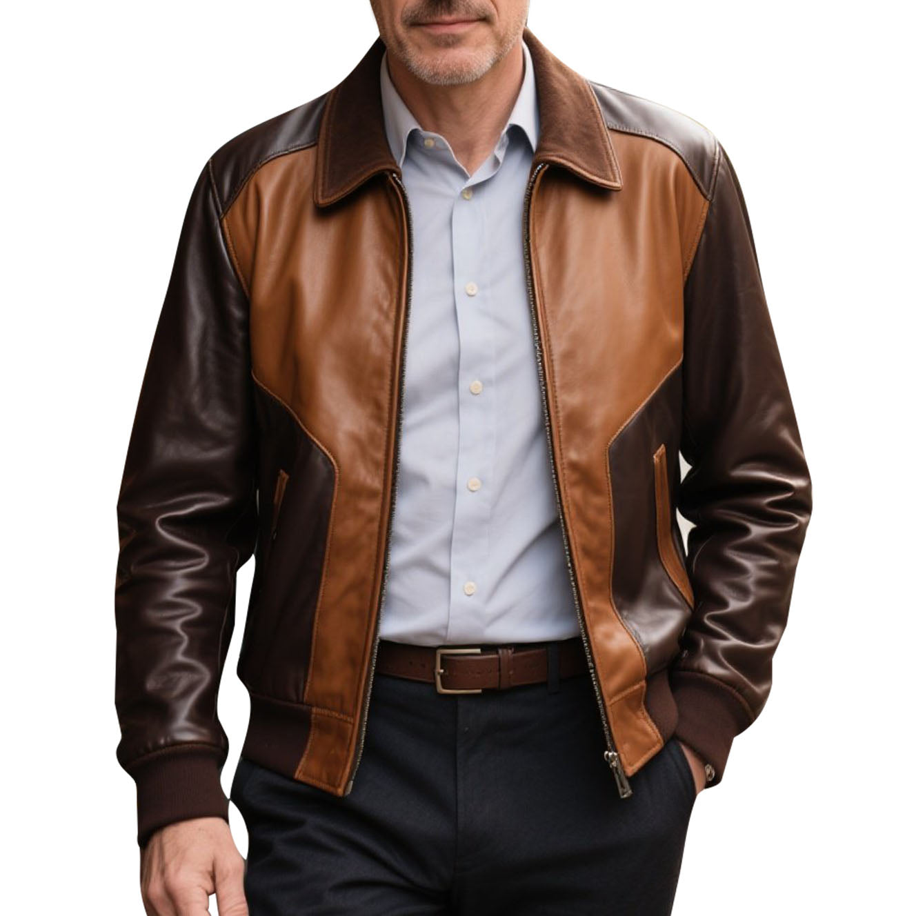 Men's fashionable and casual checkered brown two-tone leather jacket