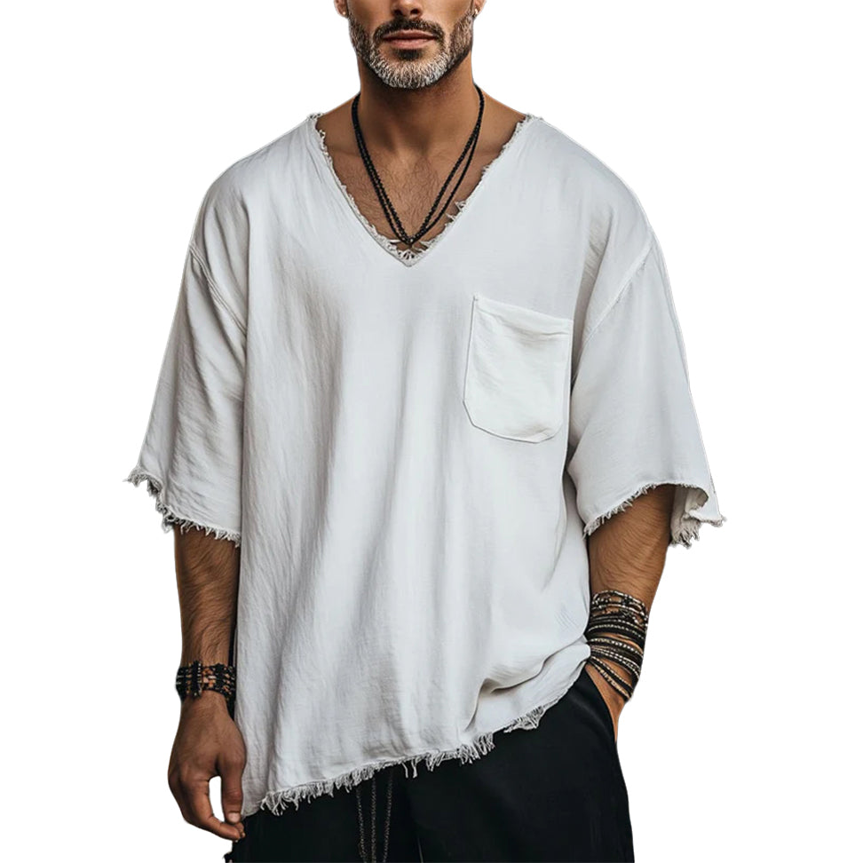 Men's fashionable and casual V-neck short-sleeved T-shirt with fringes