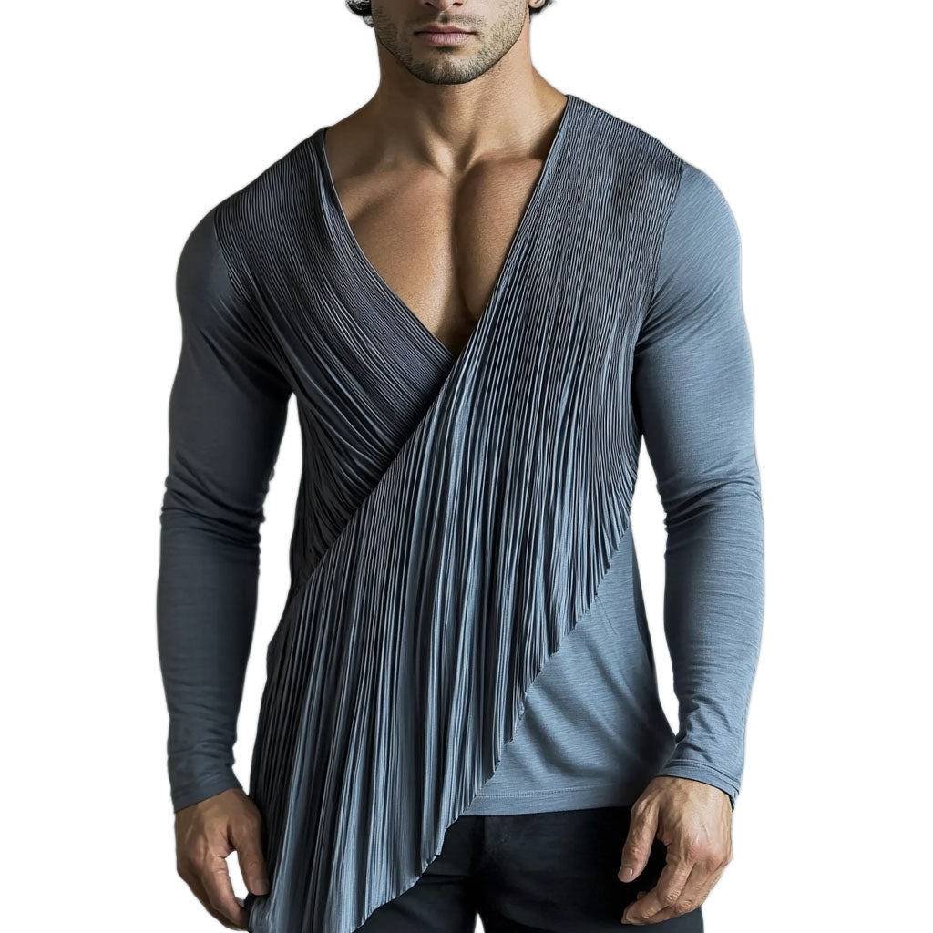 Modisches und lässiges dunkelgraues Herren-Langarmshirt mit V-Ausschnitt und Plissee