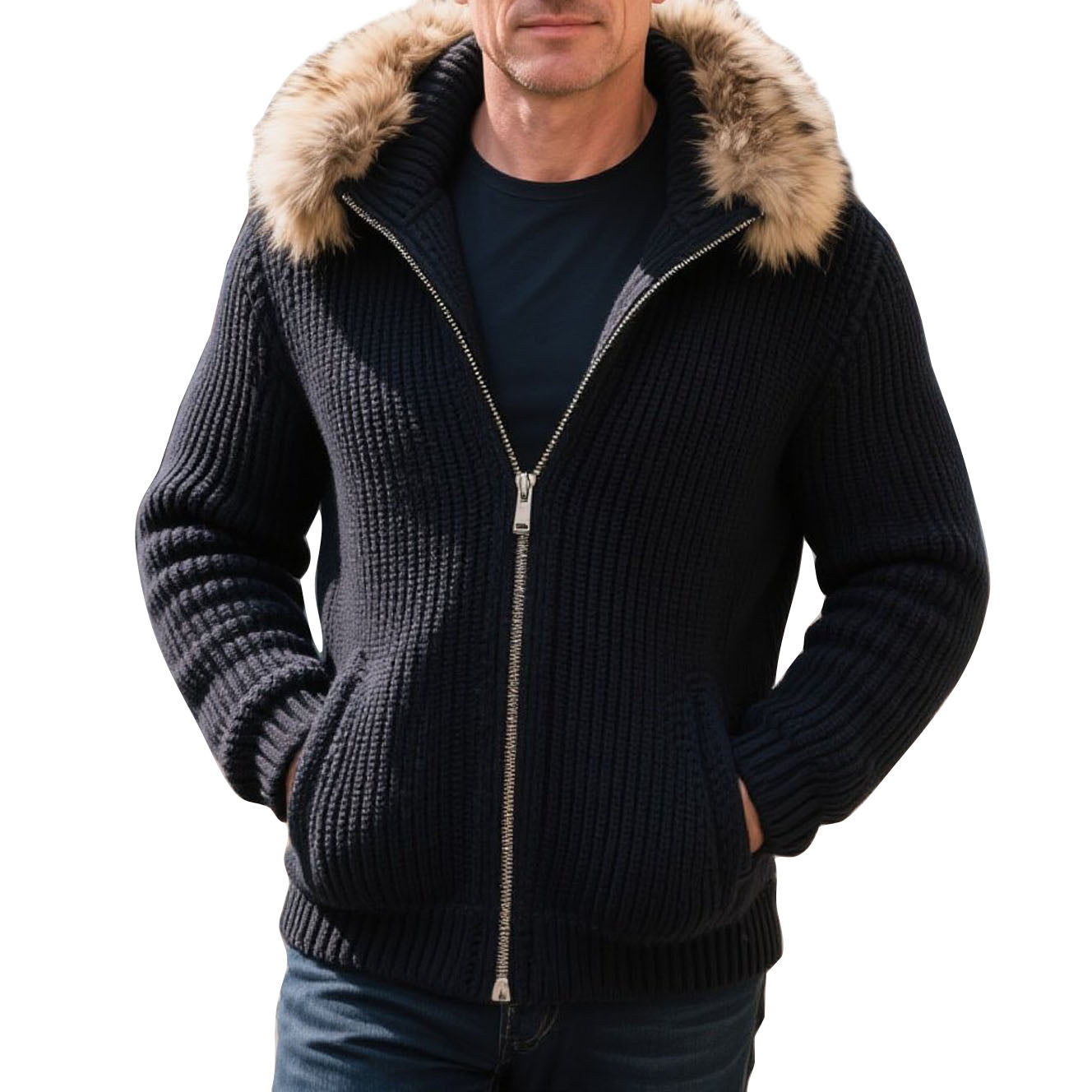 Cardigan en laine noir décontracté à col zippé pour homme