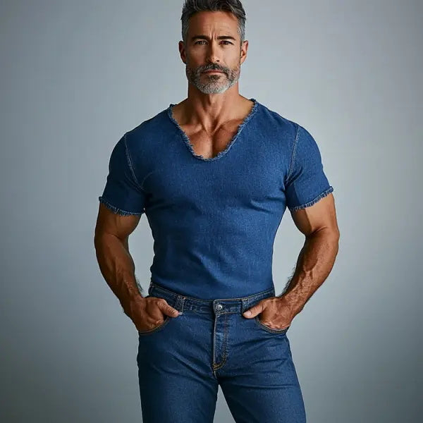T-shirt rétro en denim à col en V pour homme avec bords effilochés 