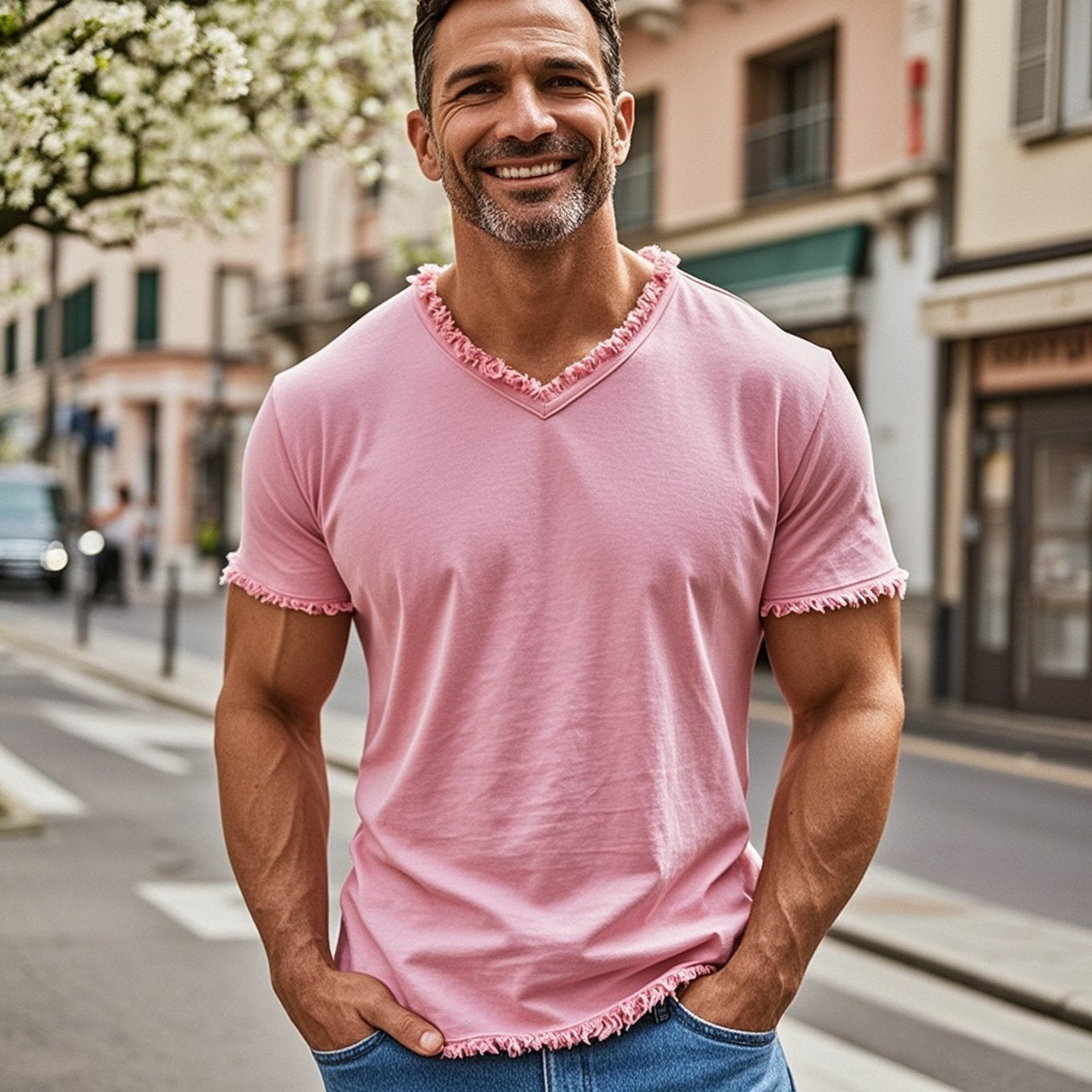 Men's fashionable and casual fringed short-sleeved T-shirt