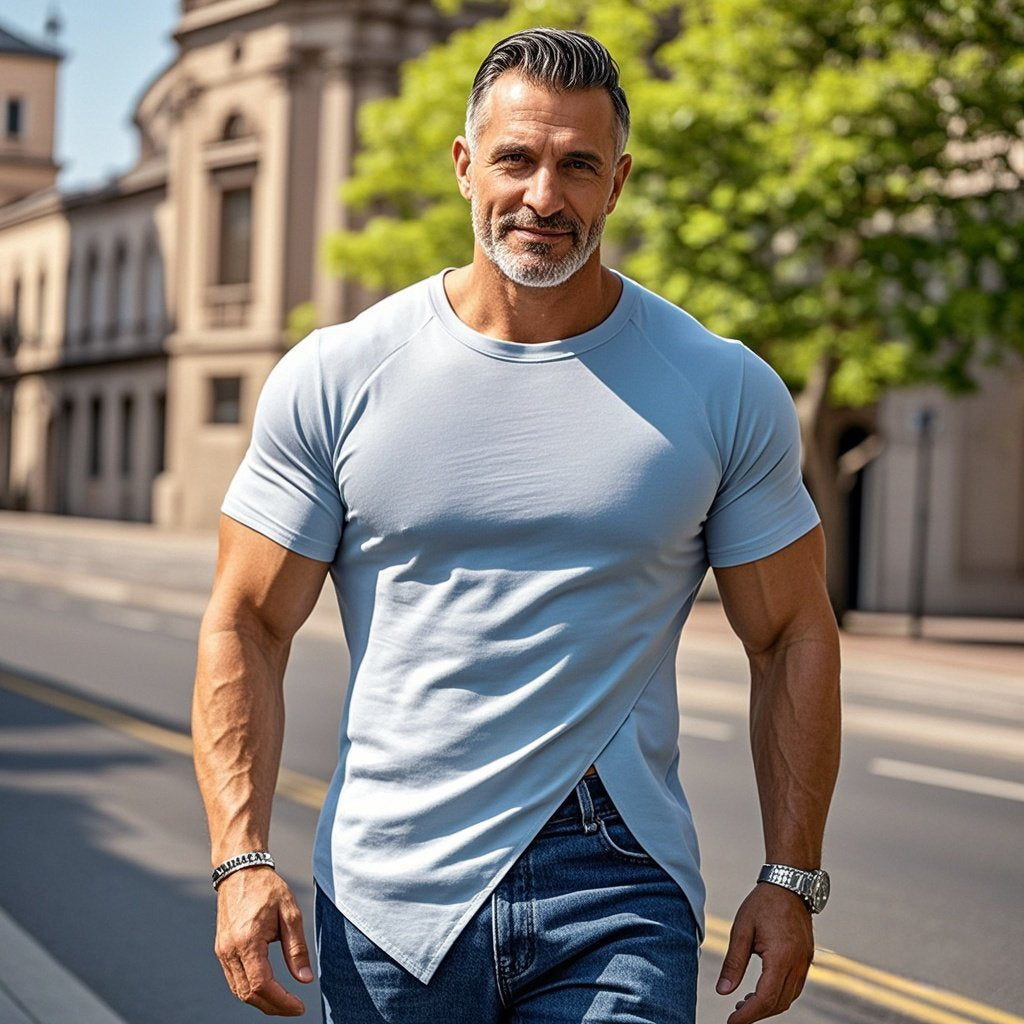 Men's fashionable casual blue pleated short-sleeved T-shirt