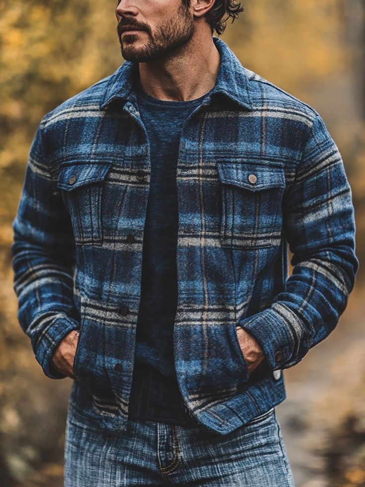 Veste décontractée à carreaux pour homme, à la mode