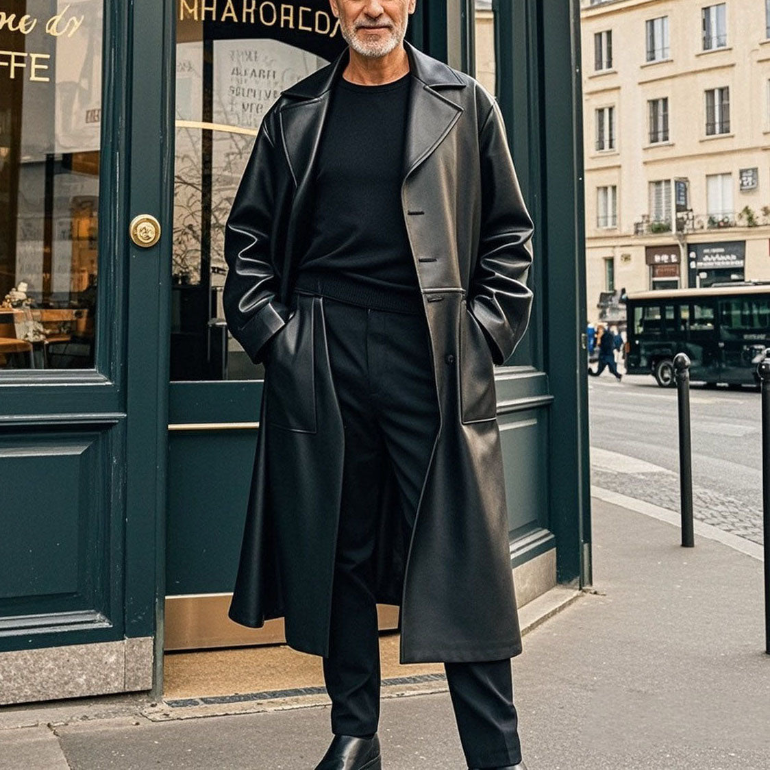 Men's fashionable and casual black leather coat