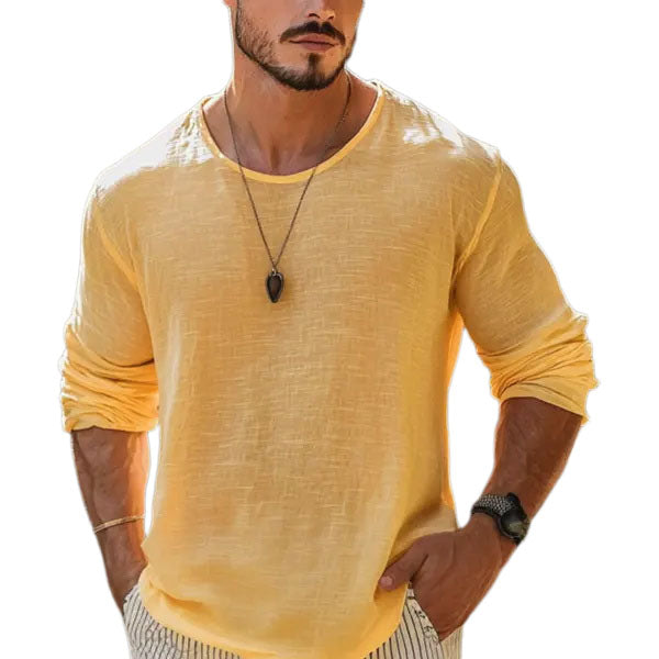 Herren Basic Plain Atmungsaktives Leinen Langarmhemd 