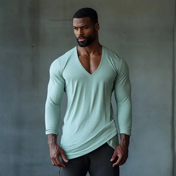 Men's Casual V-neck Super Stretch Comfortable Breathable Long-sleeved T-shirt Pleated Design Top