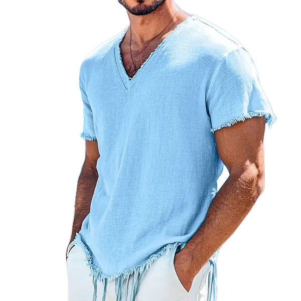 Men's Linen V Neck Resort Streetwear T-Shirt