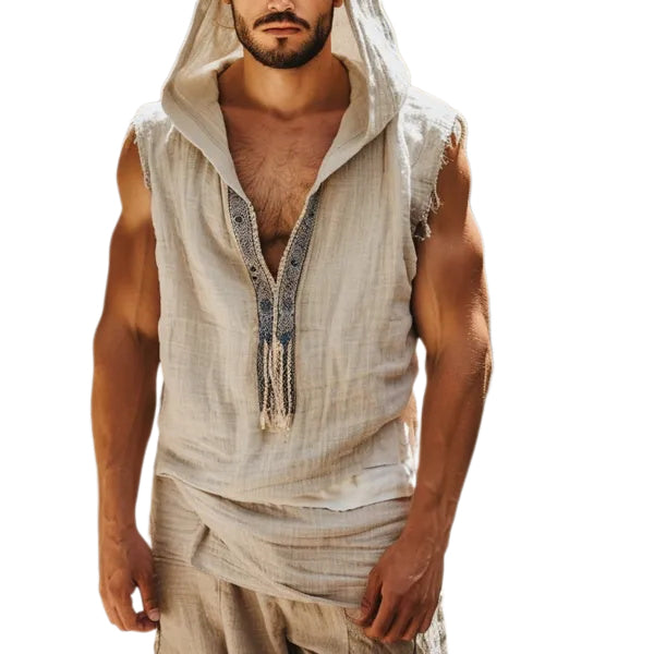 Men's Holiday Tribal Light Linen Hooded Sleeveless Shirt
