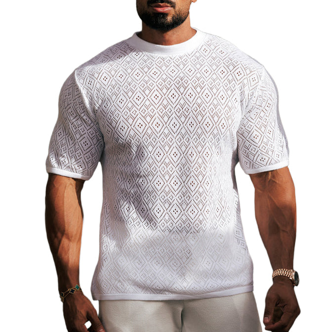 Häkel-Crew-T-Shirt Blau Kurzarm 