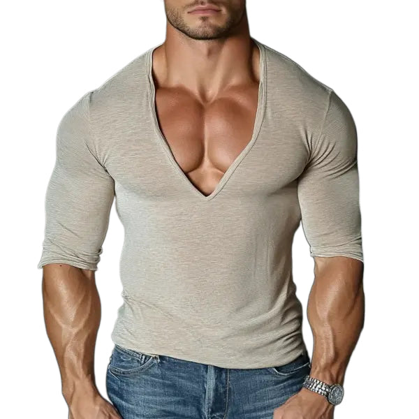 Men's Casual Comfortable V-neck Oversized Stretch Long-sleeved Cotton T-shirt Oversized Collar Breathable Casual Fitness