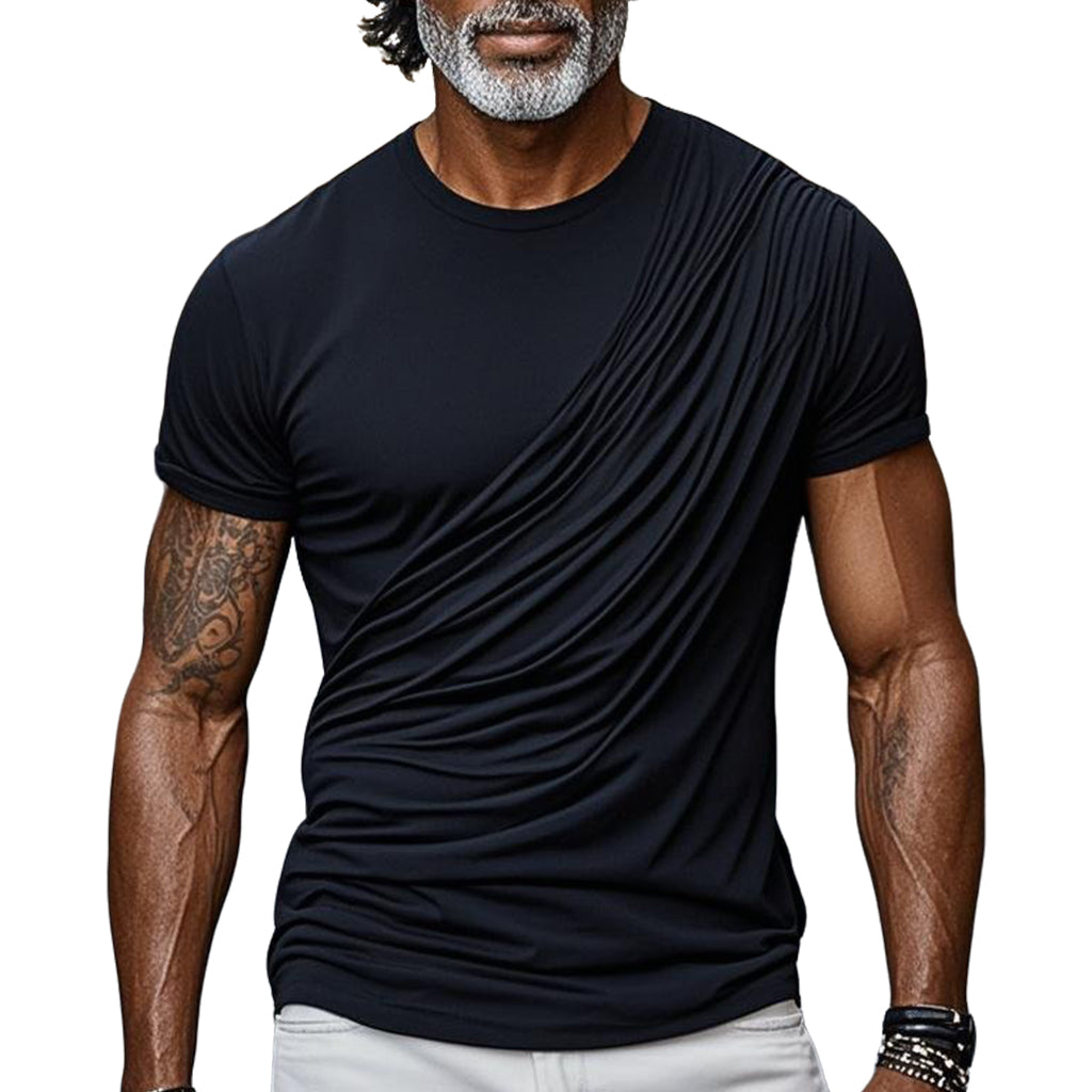 Men's fashionable and casual black pleated short-sleeved T-shirt