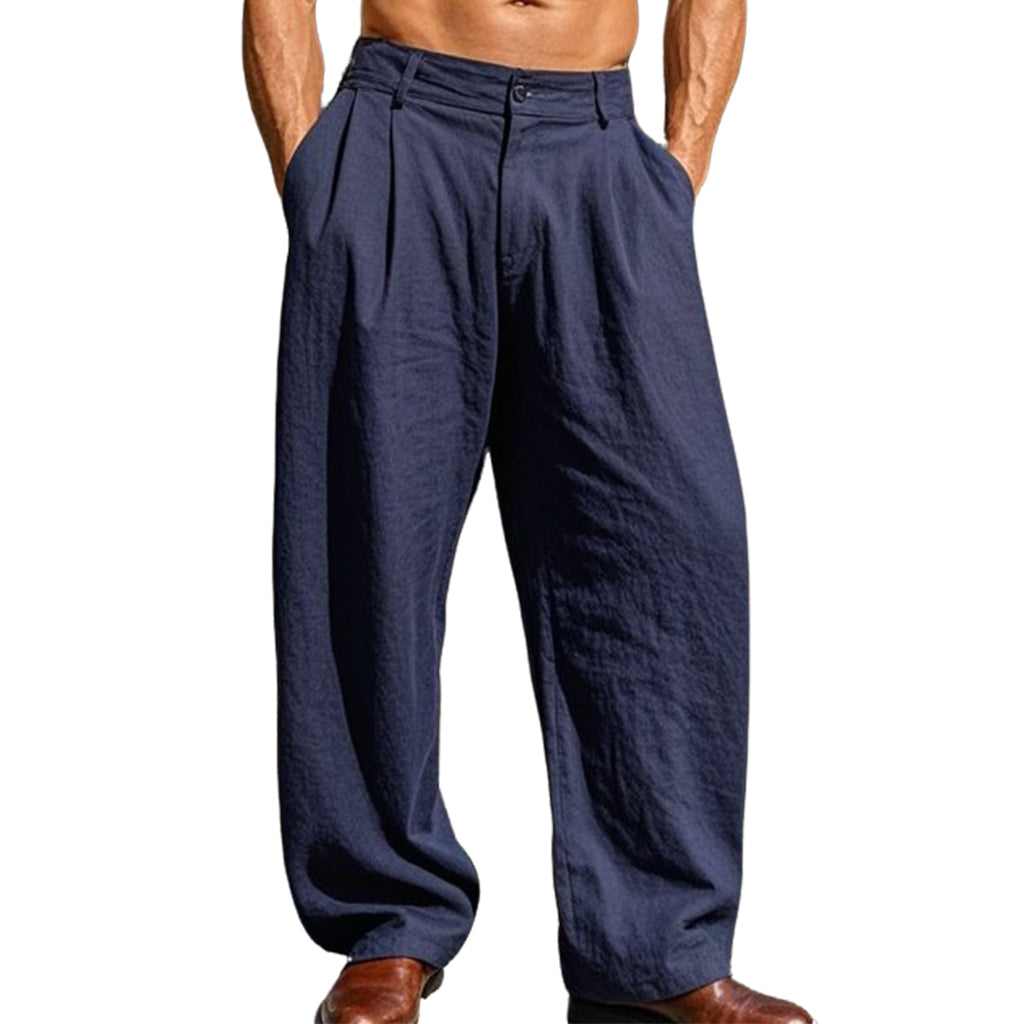 Men's fashionable and casual navy blue linen trousers