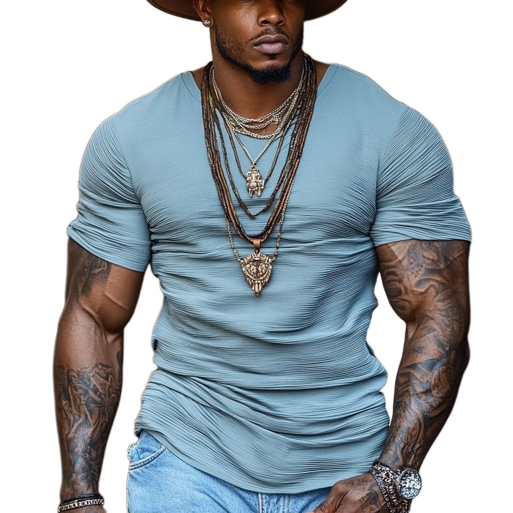 Men's fashionable casual tight blue pleated short-sleeved T-shirt