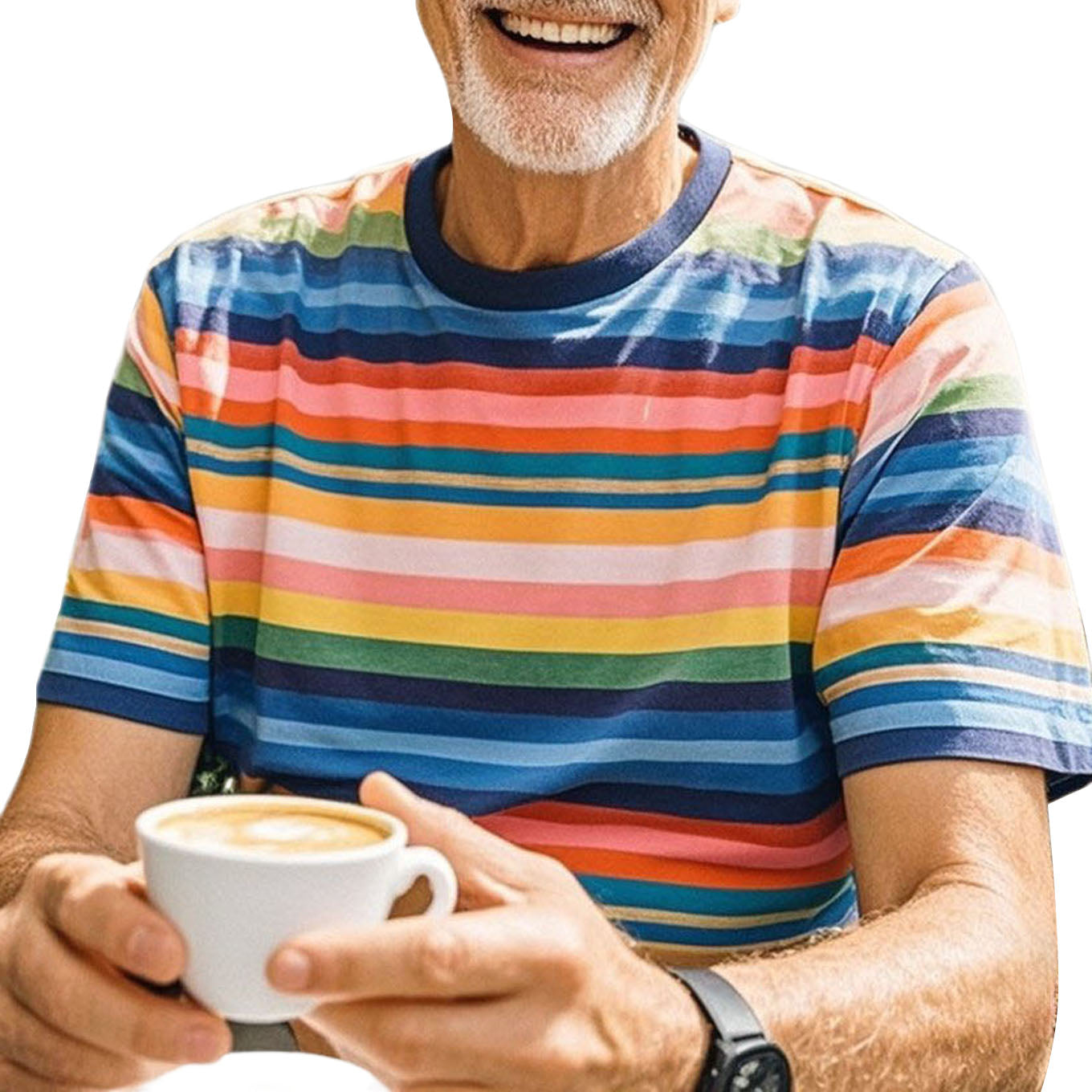 Men's fashionable casual rainbow-colored striped round-neck T-shirt