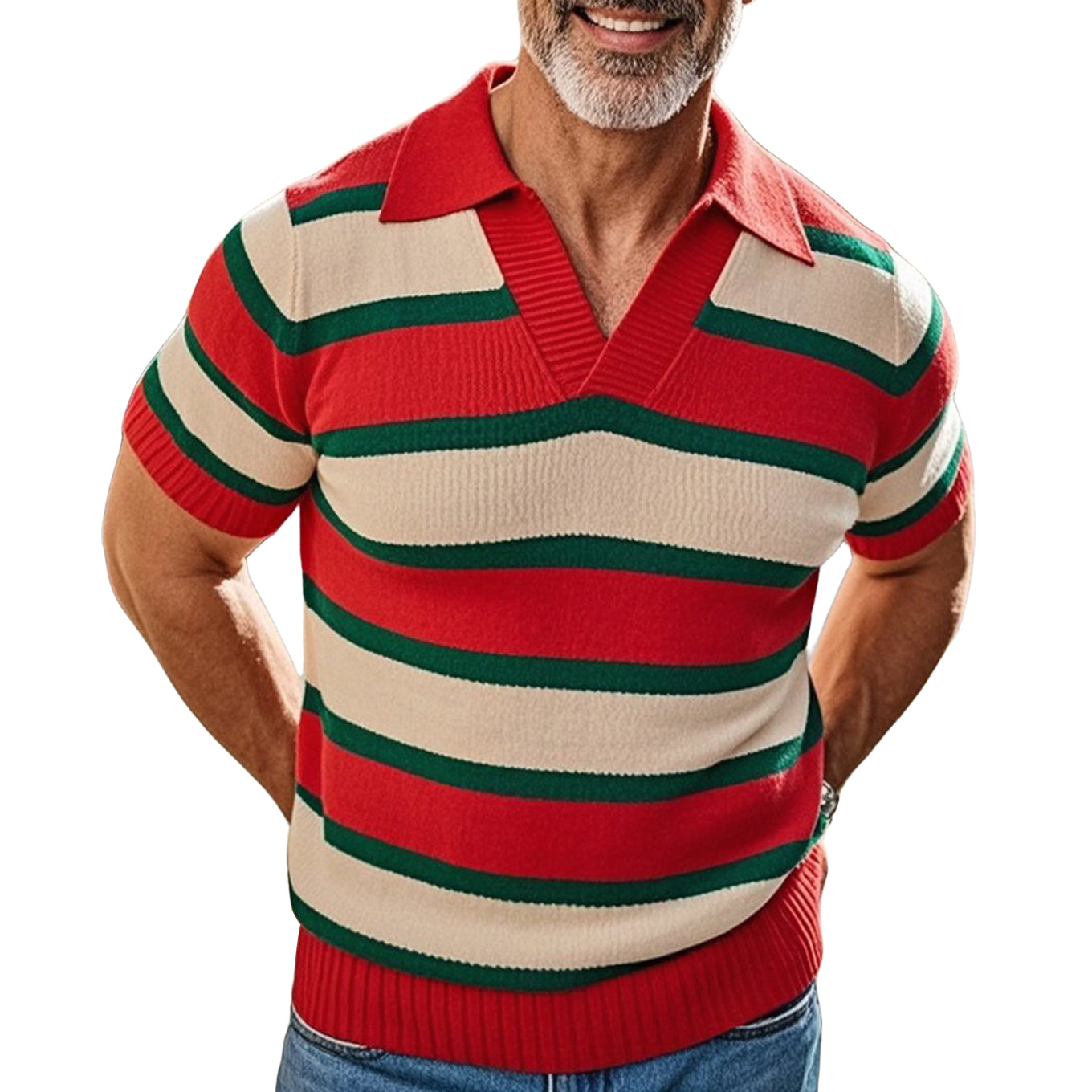 Men's fashionable casual striped color-blocking short-sleeved polo top