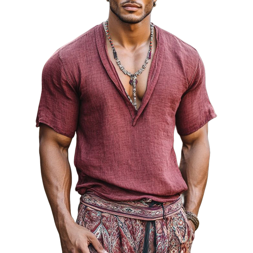 Men's fashionable and casual wine red short-sleeved T-shirt