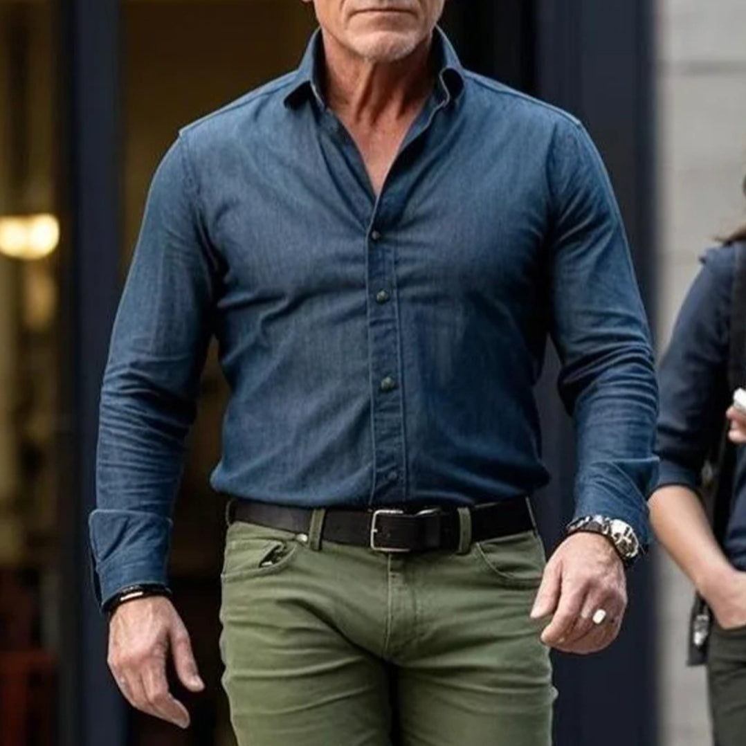 Men's fashionable casual blue denim long-sleeved shirt