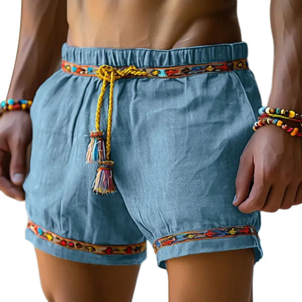 Men's Bohemian Mini Check Holiday Linen Shorts