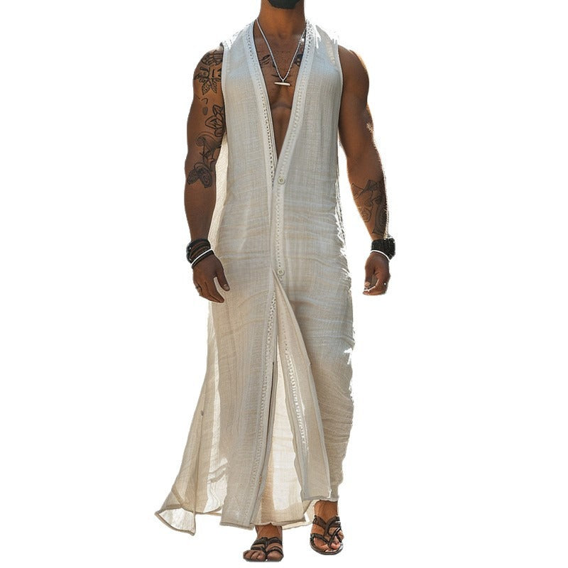 Men's casual sleeveless button-down cardigan long robe