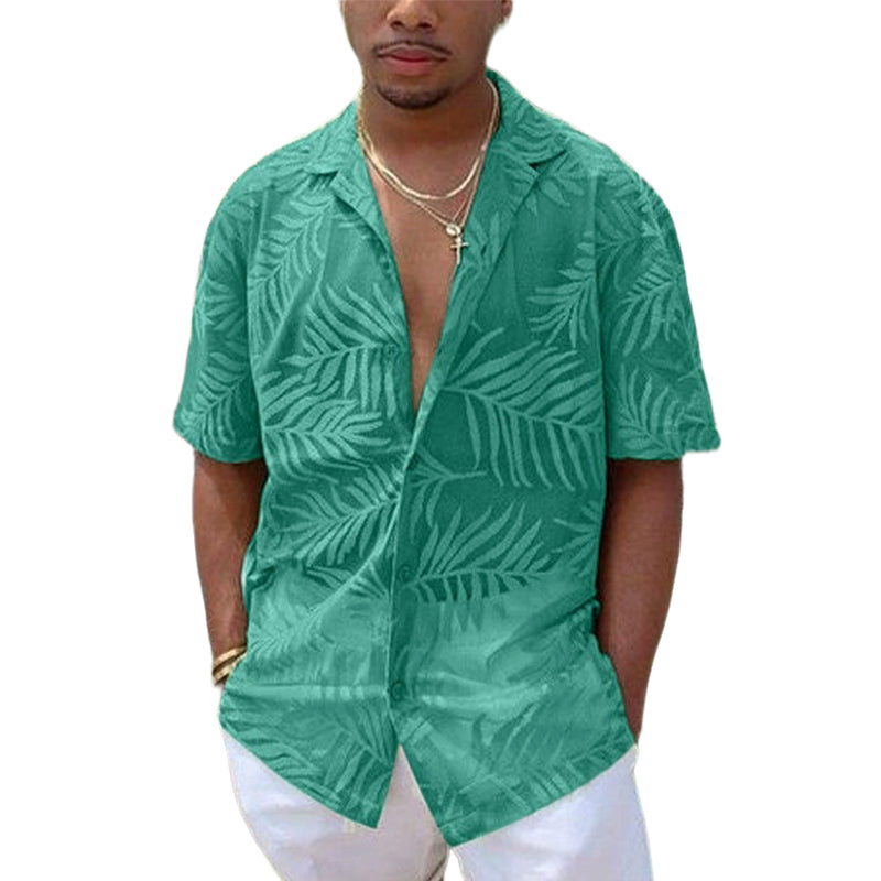 Men's fashionable casual short-sleeved shirt with palm leaf print