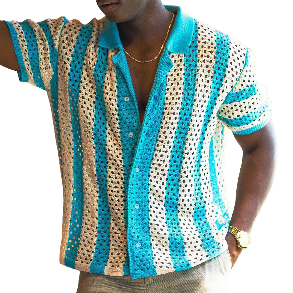 Men's fashionable casual blue striped cutout shirt