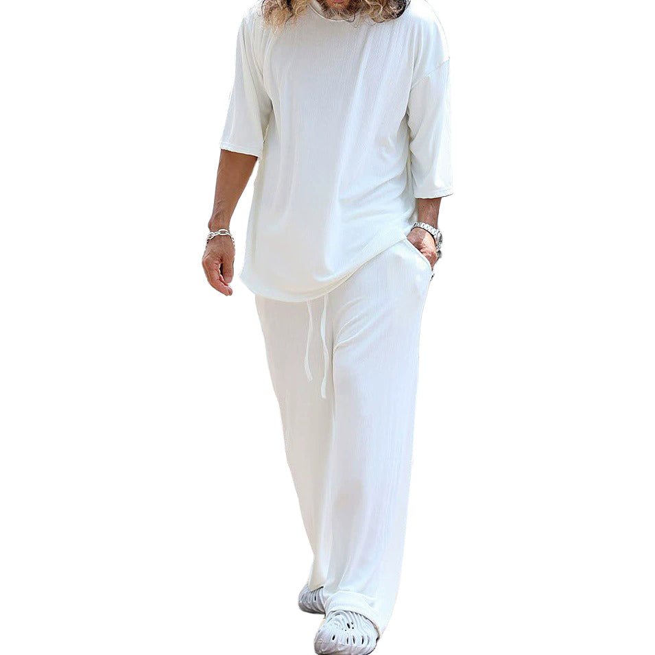 Ensemble deux pièces blanc à manches longues pour homme, tendance et décontracté