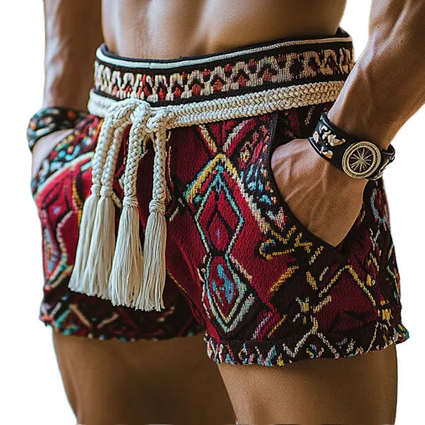 Men's Bohemian Geometric Print Holiday Linen Shorts