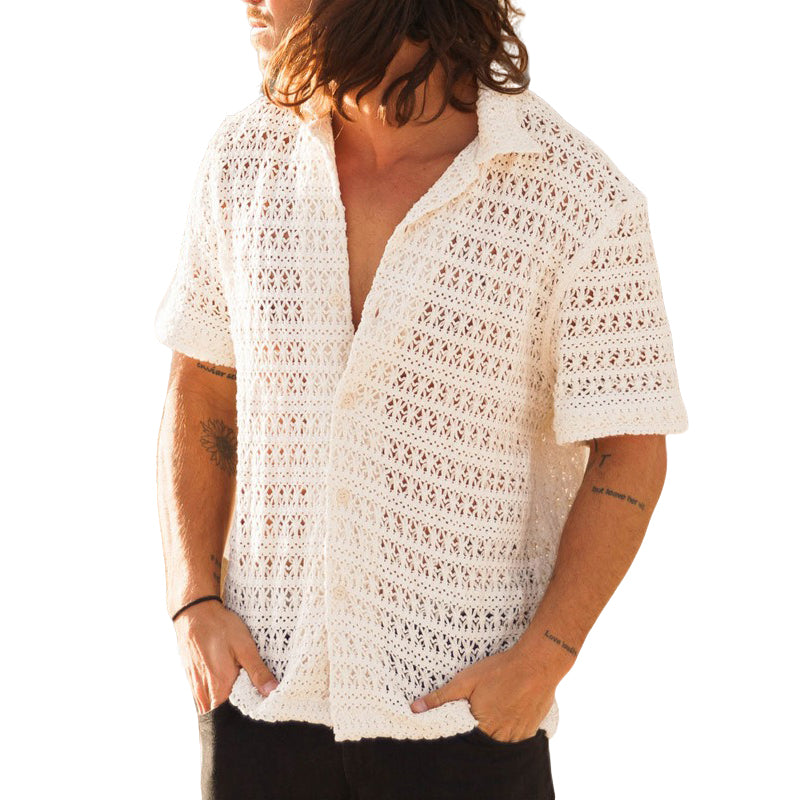 Men's fashionable casual solid-color cutouted short-sleeved shirt